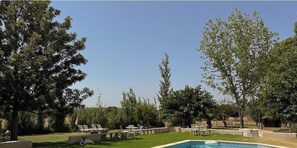 Ein Pool mit Liegestühlen, umgeben von Bäumen und blauem Himmel.