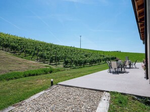Un vigneto con file di filari, un patio con posti a sedere all'aperto e un edificio con tetto spiovente.
