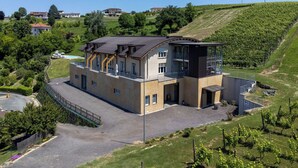Un edificio moderno con tetto piatto, ampie finestre e un balcone.