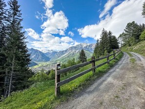 Un chemin de gravier bordé d’une clôture en bois, entouré de verdure et avec des montagnes en arrière-plan.