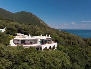 Eine weiße Villa mit Flachdach, umgeben von dichtem Grünwald und mit Blick auf ein Gewässer.