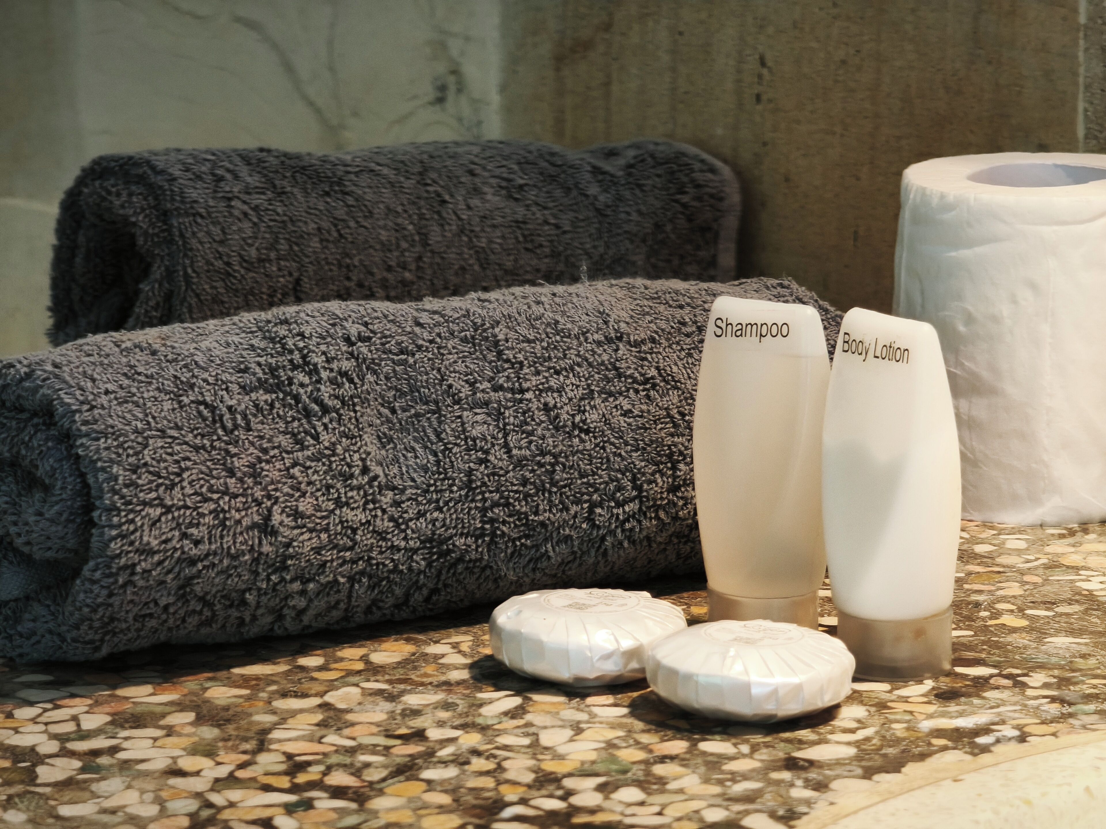 Shower, bidet, towels, soap