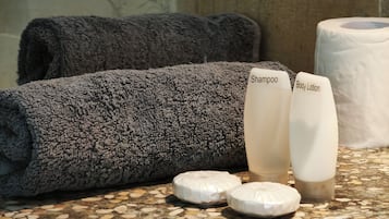 Shower, bidet, towels, soap