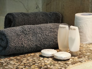 A bathroom with a rolled gray towel, two white bottles labeled 'Shampoo' and 'Body Lotion,' and a roll of toilet paper on a speckled tile floor.