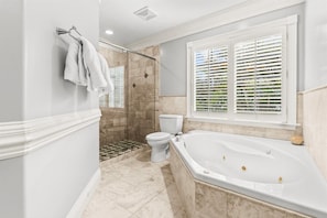 Jetted tub, hair dryer, towels, soap