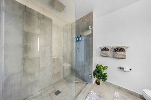 Ducha, secador de pelo, toallas, jabón