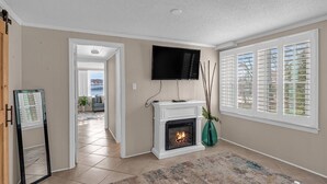 A living room with a fireplace, a TV mounted on the wall, and a view through the window.