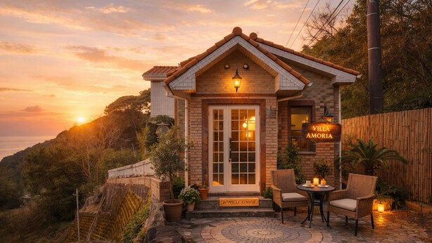 A villa with a tiled roof, a welcoming sign, and a patio with chairs and a table. - Peaceful Ocean View Villa with Free Parking & Full Kitchen (Miyazaki)