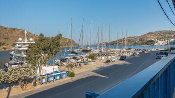 A marina with boats, a road, and a hill in the background.
