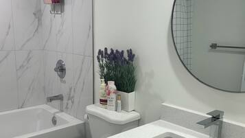 Hair dryer, towels, soap, shampoo
