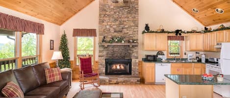 Casa, varias camas (A Heavenly View) | Área de sala de estar | Chimenea, consola de videojuegos y reproductor de DVD
