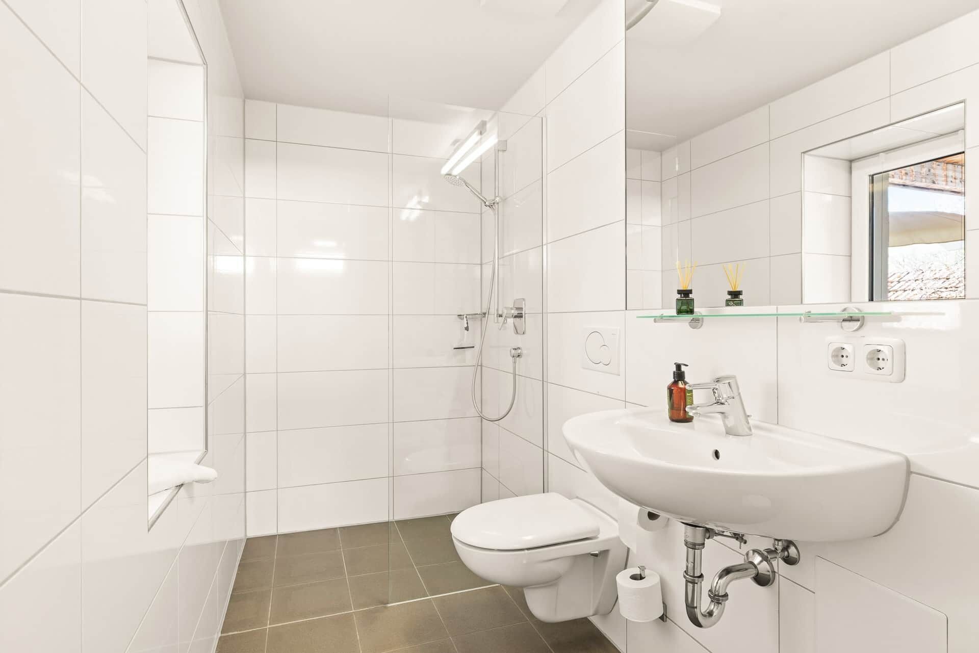 Dusche, Haartrockner, Handtücher, Seife