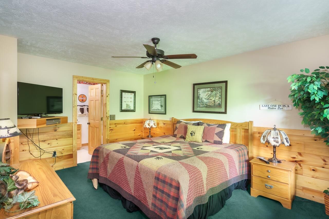 Ein Schlafzimmer mit Bett, Holz-Kopfteil, Deckenventilator, Fernseher, Schreibtisch und einer Pflanze.
