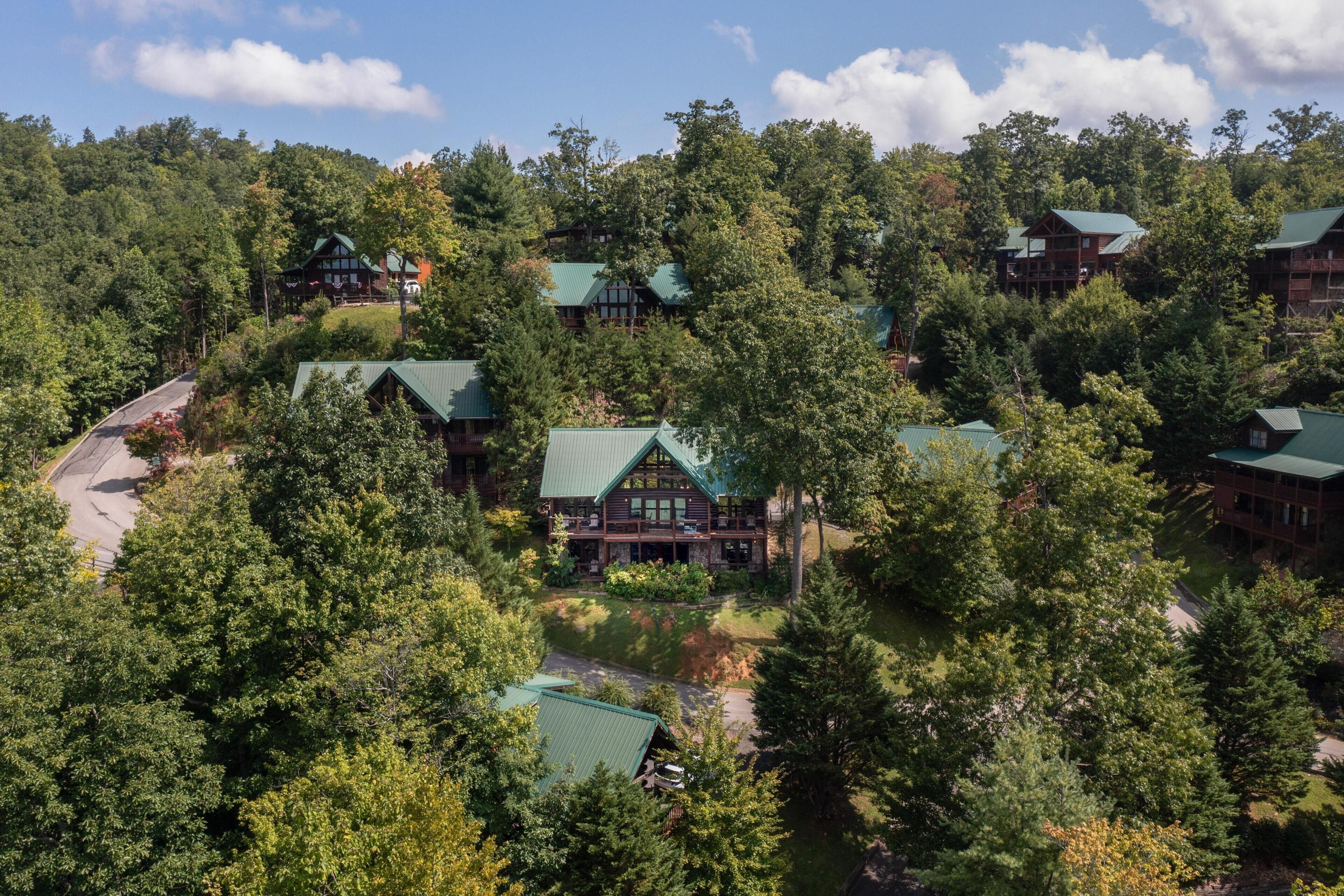 A lodge with multiple buildings surrounded by dense forest, featuring a prominent central building with a green roof.