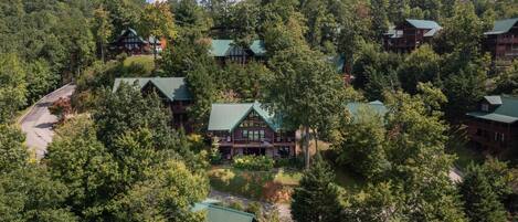 A lodge with multiple buildings surrounded by dense forest, featuring a prominent central building with a green roof.