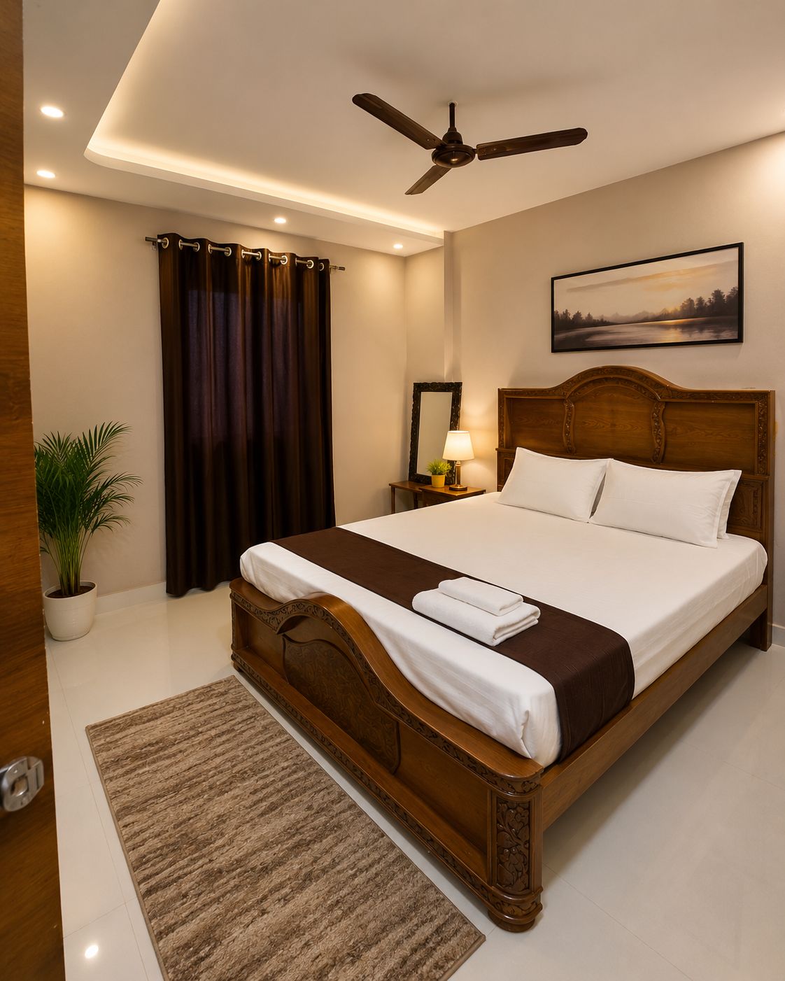 A hotel room with a large bed, a ceiling fan, a nightstand with a lamp, a potted plant, and a painting on the wall.
