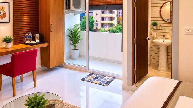 Una habitación de hotel moderna con balcón, un escritorio con silla, cama, baño con lavamanos y una planta en maceta.