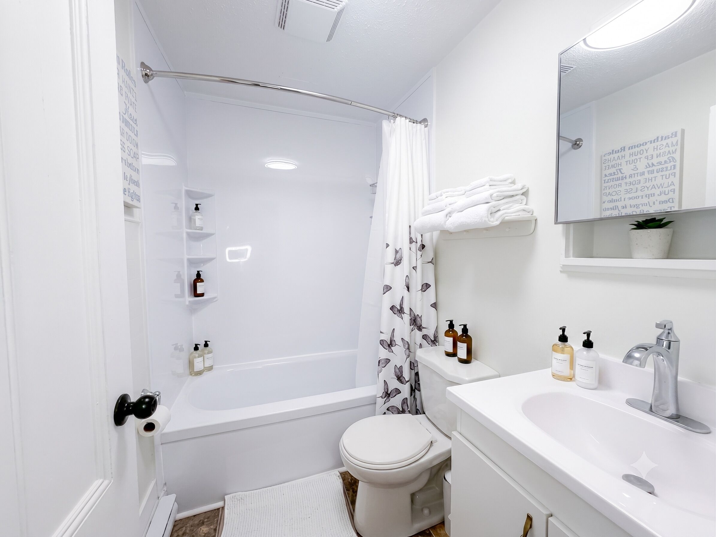 Hair dryer, towels, soap, toilet paper