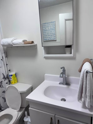 Ein Badezimmer mit Toilette, Waschbecken und Spiegel. Handtuchhalter mit Handtuch und ein kleines Regal mit einer Pflanze.