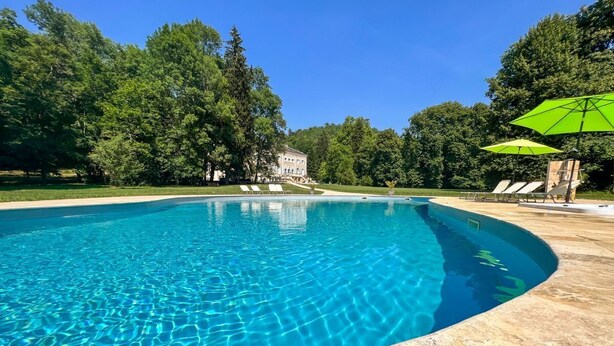 Une piscine aux eaux cristallines, à bords incurvés, entourée d’arbres et avec un bâtiment visible au loin.