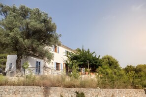 A white building with blue shutters, surrounded by trees and a stone wall. - Sea and Mountain House in the Tramuntana Range (S'Arracó)