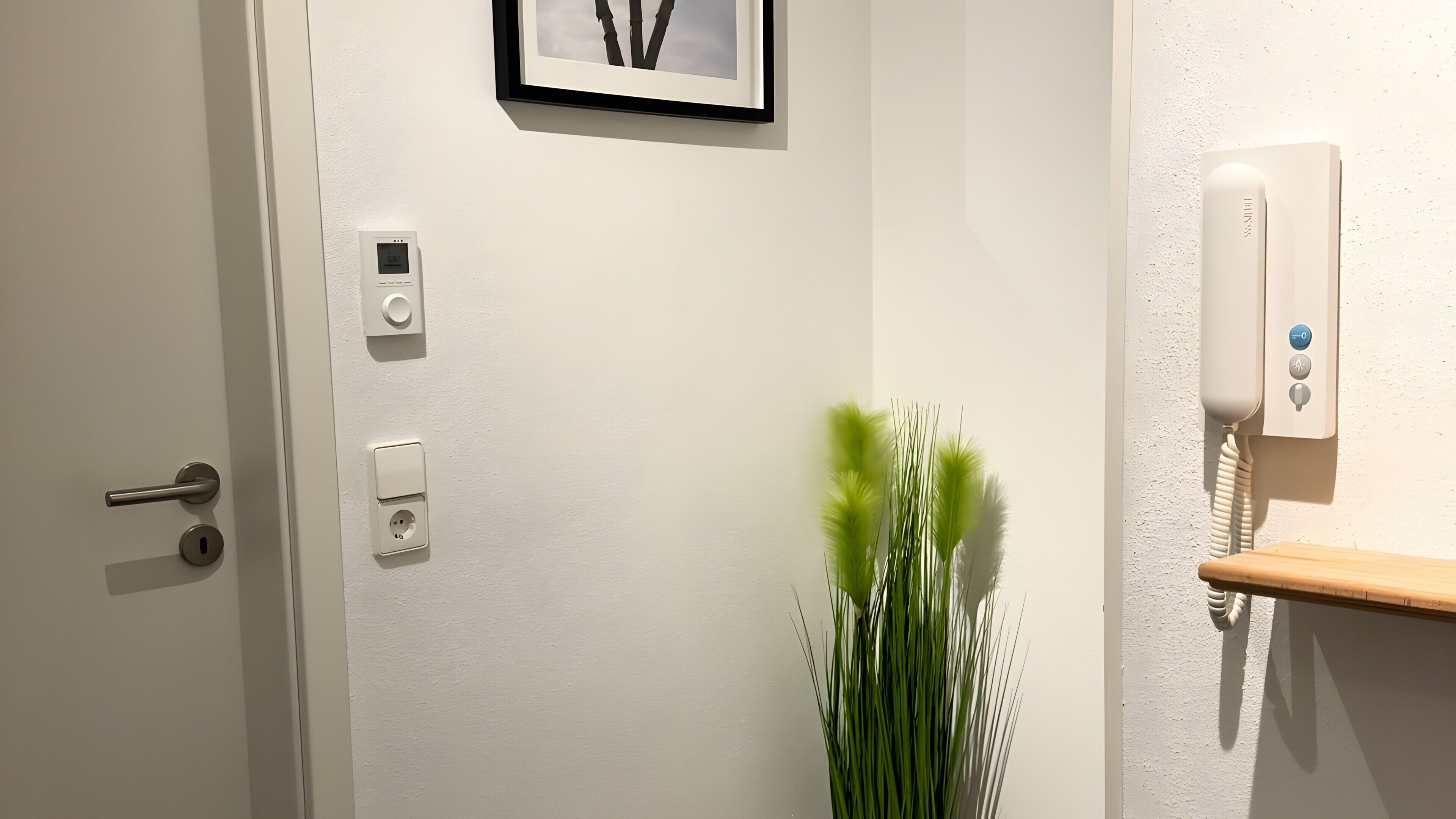 Eine Tür mit Schloss, Lichtschalter, Thermostat und Telefon an der Wand.