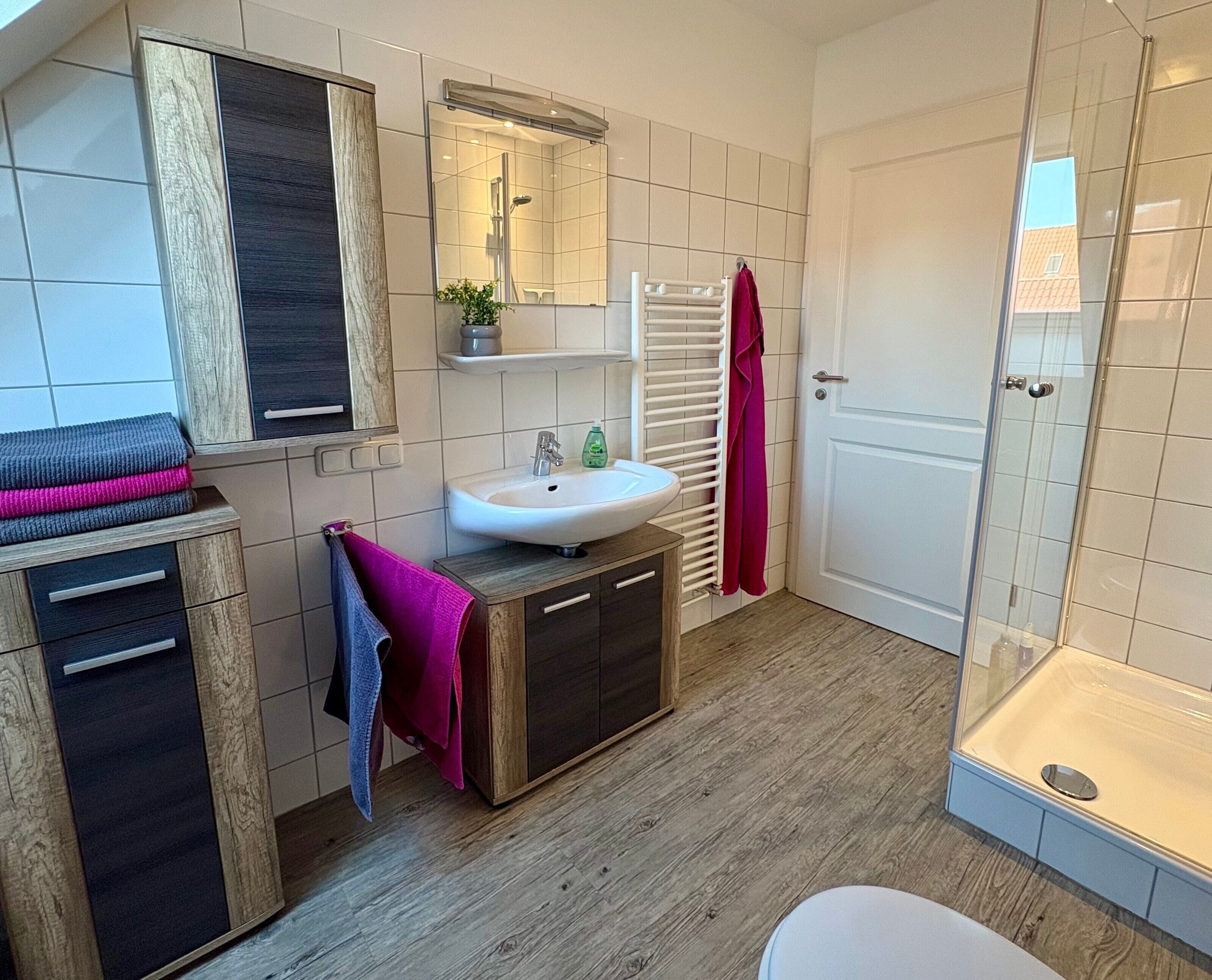 A modern bathroom with a sink, mirror, towel rack, and shower.