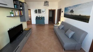 Un salon avec un canapé, une télévision, des étagères et un tableau.
