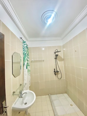 Un baño con ducha, lavabo, espejo y toallero.