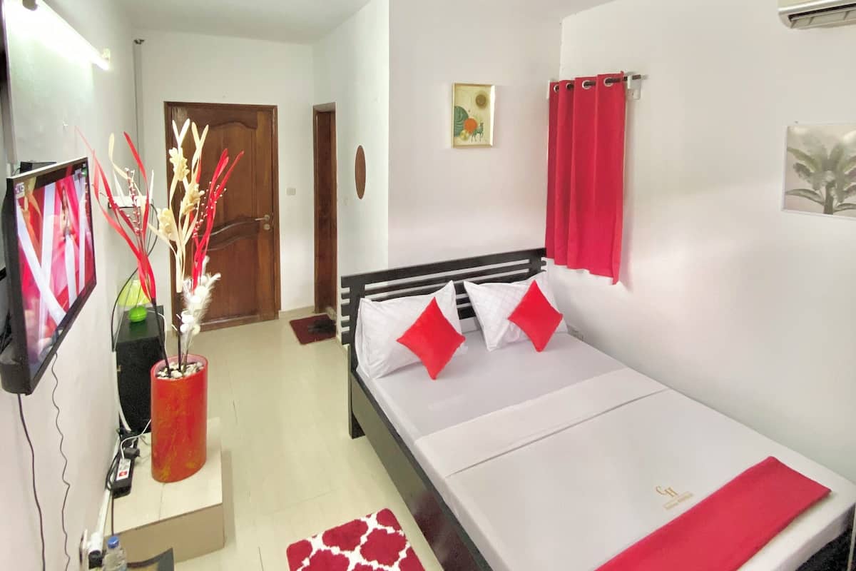 Une chambre à coucher avec un lit, une télévision, un vase rouge et un tapis rouge.