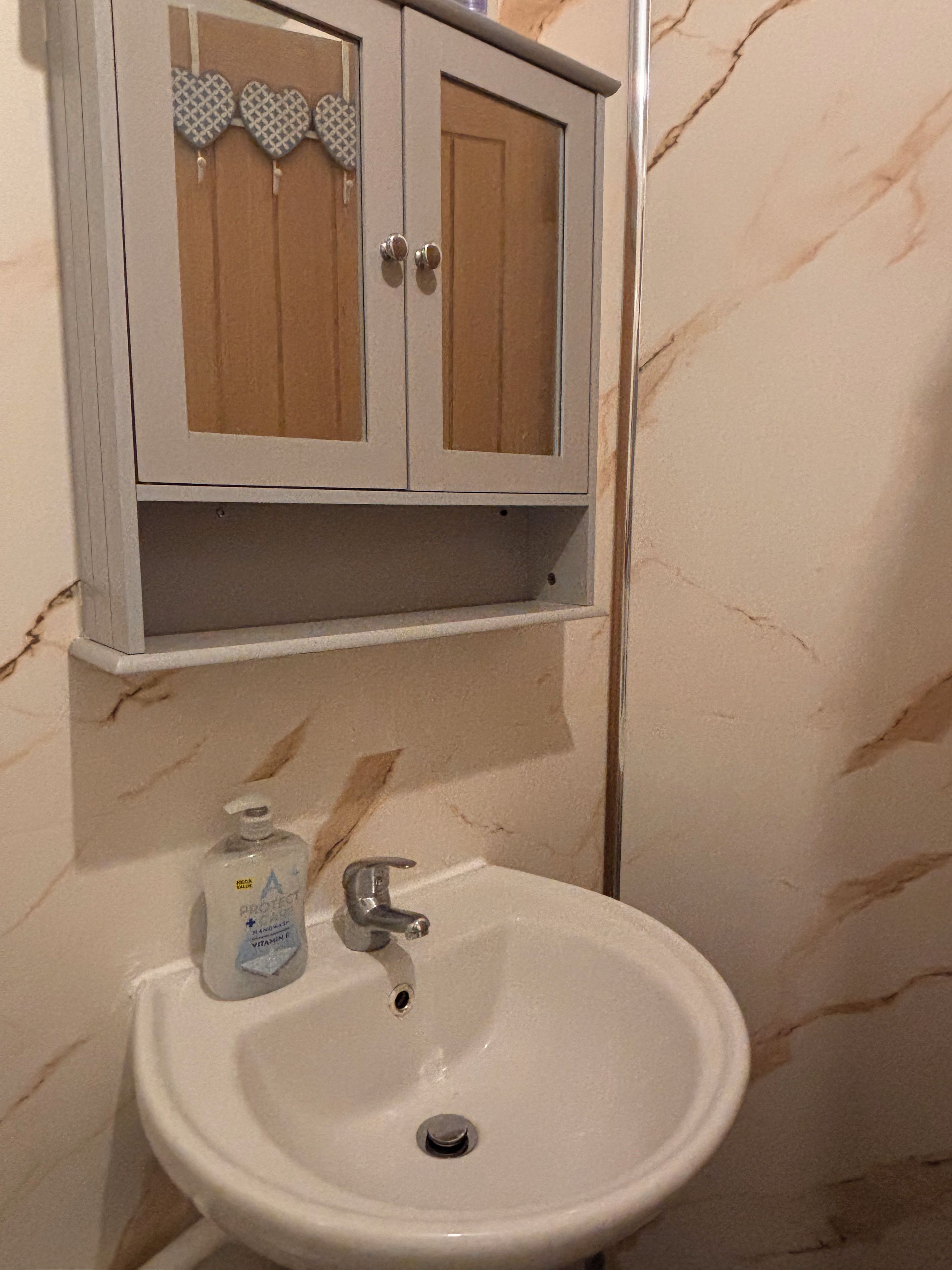 A bathroom with a white sink, a mirror above it, and a cabinet with a wooden door.