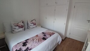 Et soveværelse med seng, to puder, et skab og en dør.
