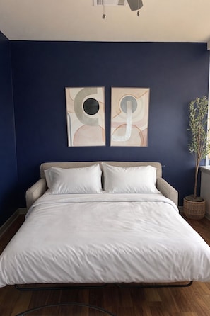 Ein Schlafzimmer mit einem Bett, zwei abstrakten Bildern an der Wand, einer Topfpflanze und einem Fenster.