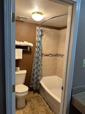 A bathroom with a shower, toilet, and bathtub.