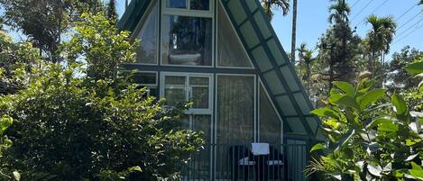 A triangular-shaped house with a balcony, surrounded by lush greenery and palm trees.