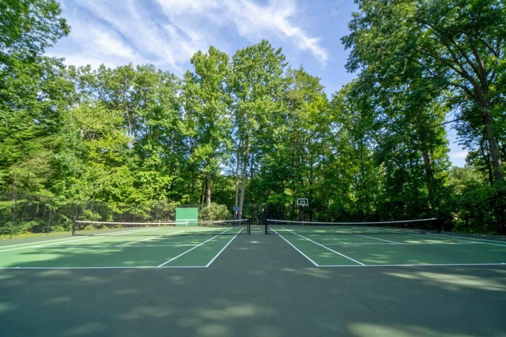 A tennis court surrounded by trees.