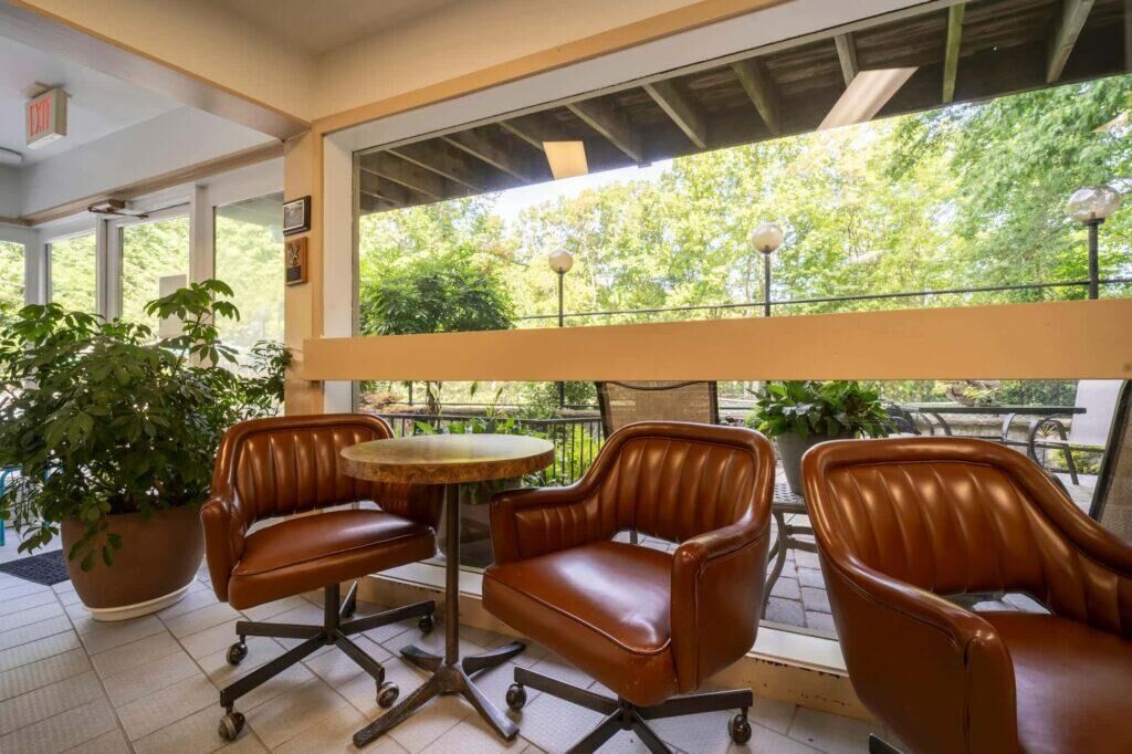 A covered outdoor seating area with leather chairs and a small round table, surrounded by potted plants and a view of trees.