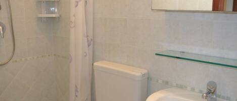 Un baño con ducha, inodoro y lavabo.