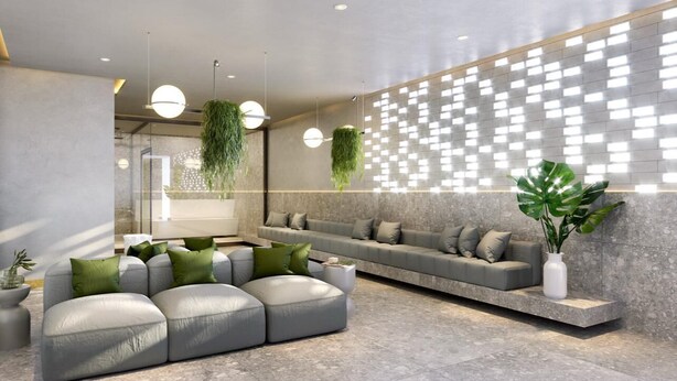 A modern interior with a sectional sofa, a long couch, hanging plants, and a decorative wall. - Luxury LOFT in Brand New 5★ Building Steps from Ipanema & Copacabana beach (Rio de Janeiro)