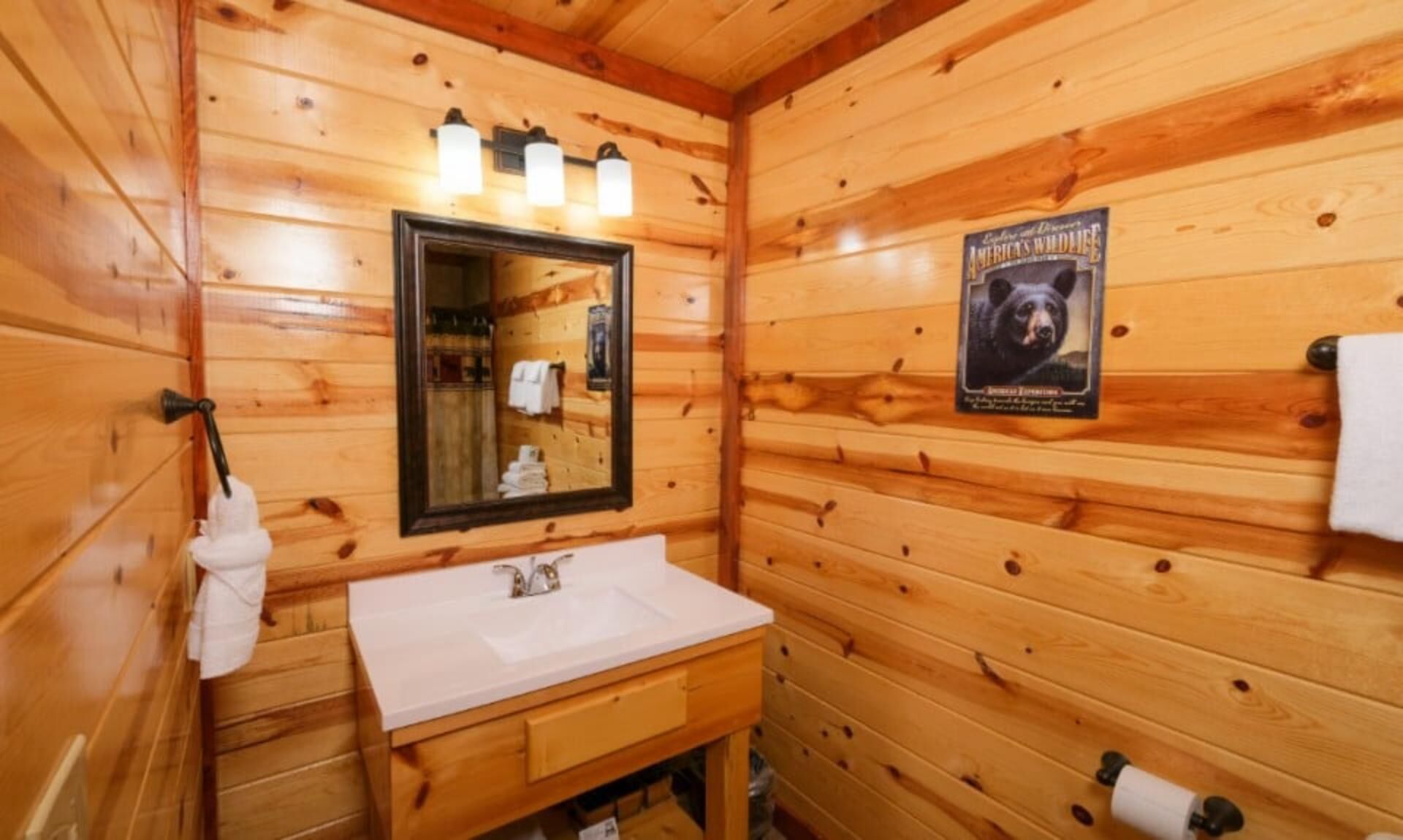 A wooden cabin bathroom with a sink, mirror, towel rack, and a poster on the wall.