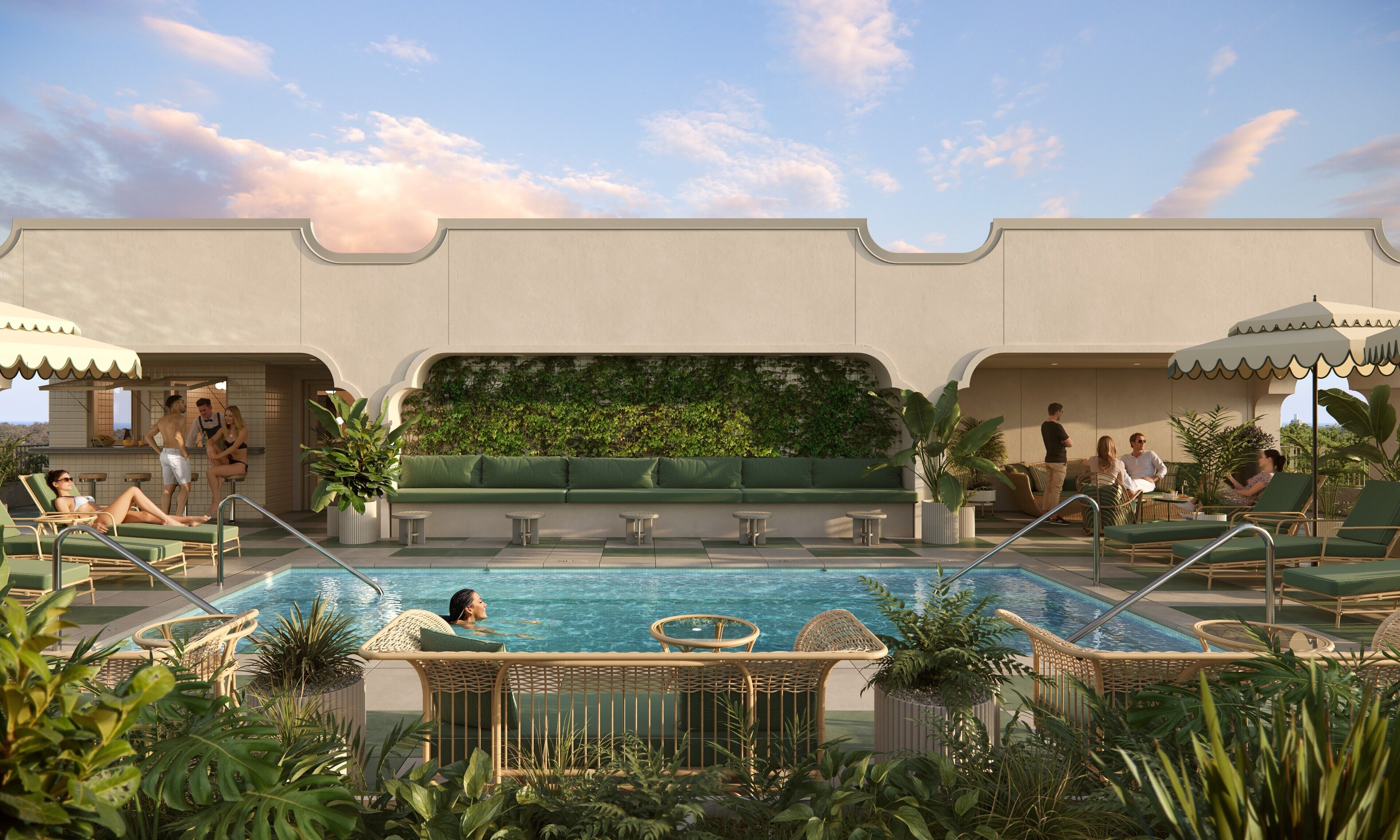 Una piscina al aire libre, sombrillas, tumbonas