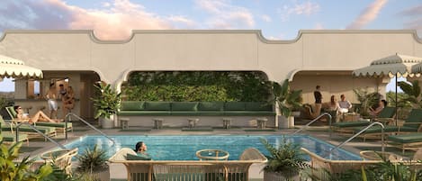 Outdoor pool, pool umbrellas, pool loungers