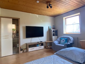 A bedroom with a bed, a TV, a chair, a wardrobe, and a window.