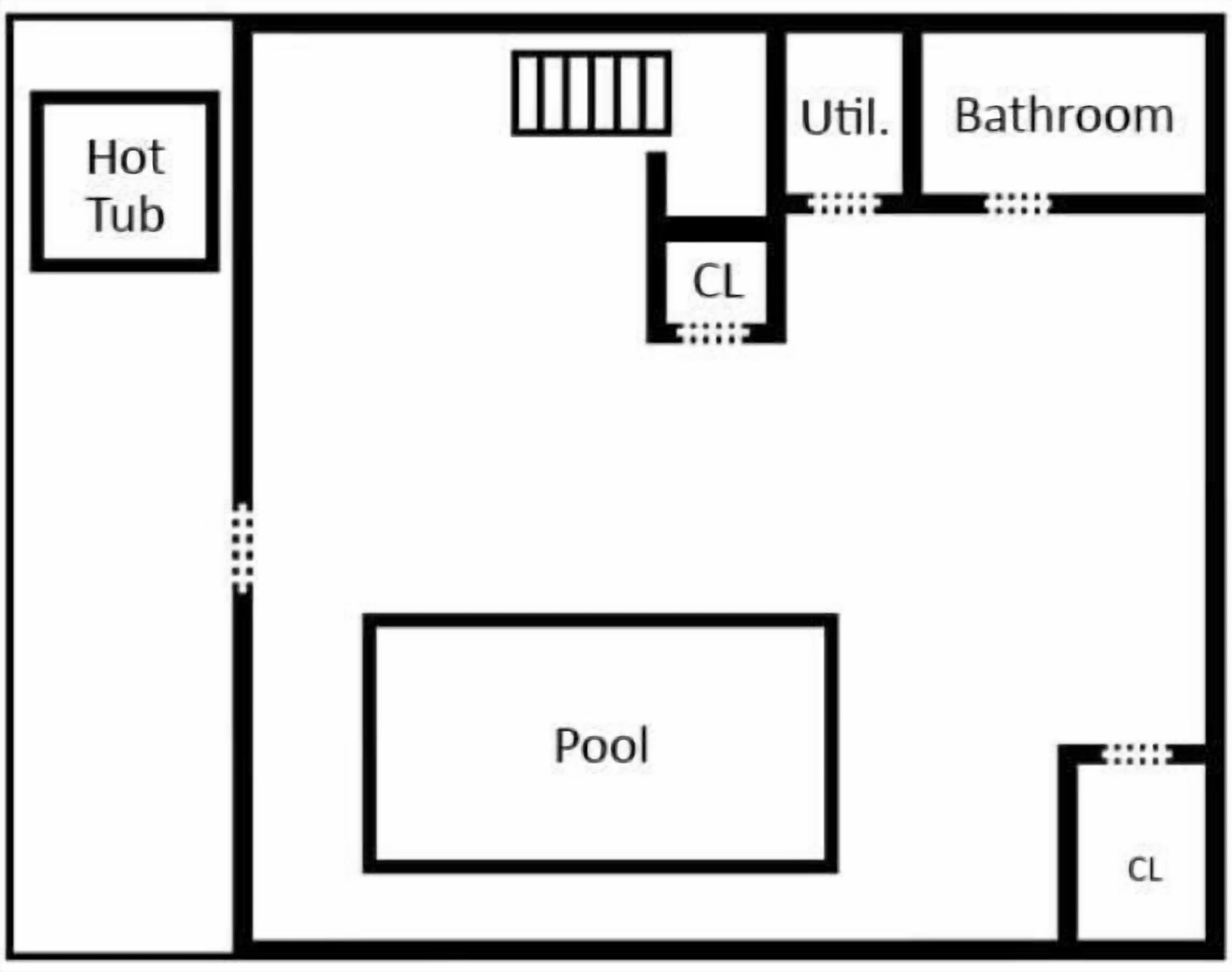 A hotel layout with a pool, hot tub, utility room, and bathroom.