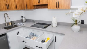 A modern kitchen with wooden cabinets, a built-in dishwasher, and a countertop with a sink and stove. - Vista Pedregal Comfortable Apartment in Cabo San Lucas Golden Zone (Cabo San Lucas)