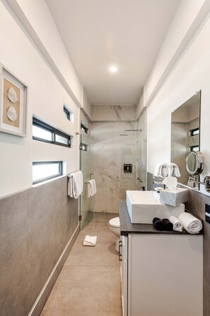 A modern bathroom with a glass shower, a marble sink, and a large mirror. - Vista Pedregal New Apartment 5 min Walk to Marina (Cabo San Lucas)