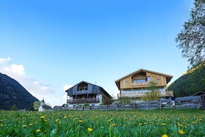 Una casa di legno con un balcone, immersa in un campo di fiori gialli e con una montagna sullo sfondo.