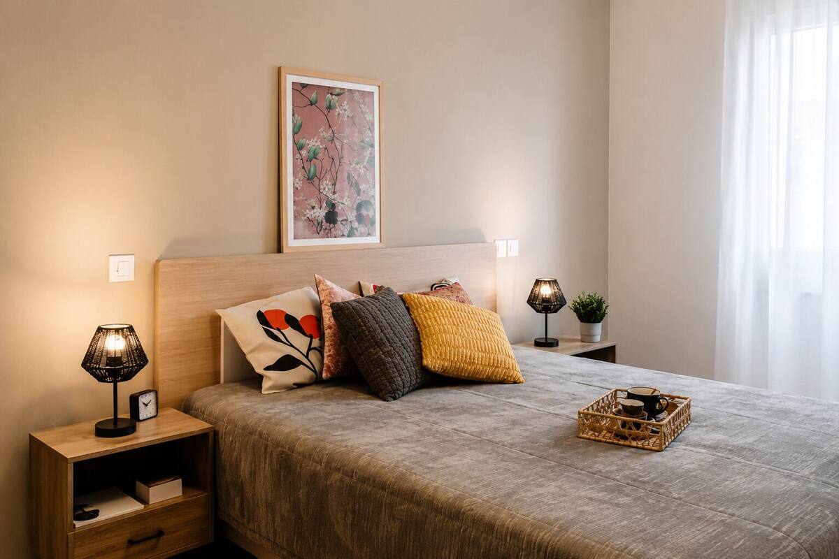 Quarto bem arrumado com cama, mesas de cabeceira, um criado-mudo, uma moldura com imagem e uma janela com cortinas.
