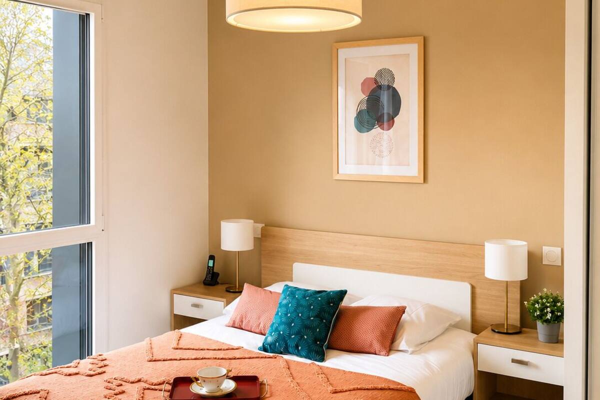 Quarto moderno com uma cama grande, mesas de cabeceira, um candeeiro suspenso e uma obra de arte emoldurada na parede.
