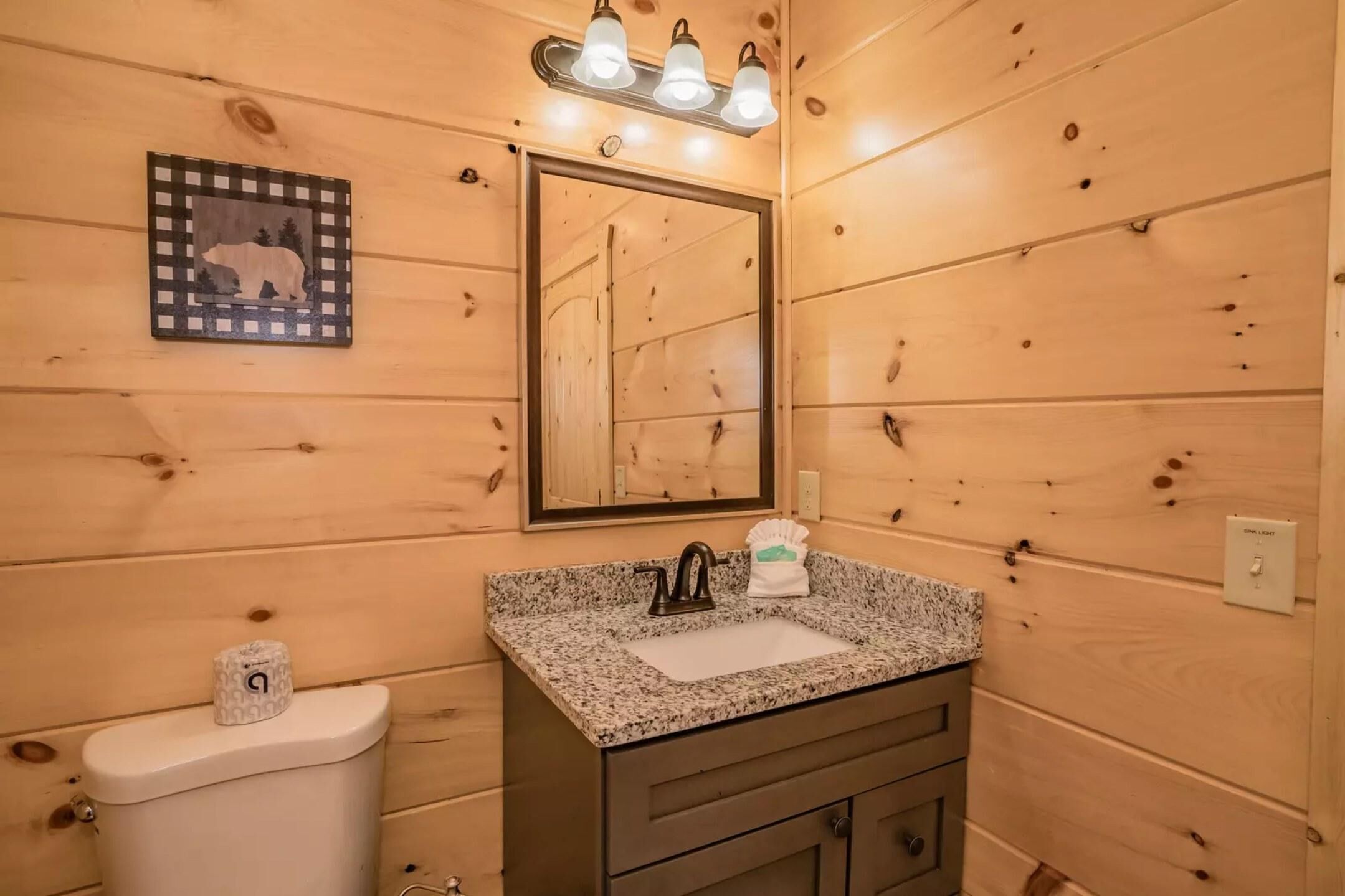 A wooden cabin bathroom with a sink, mirror, and a framed picture of a polar bear.